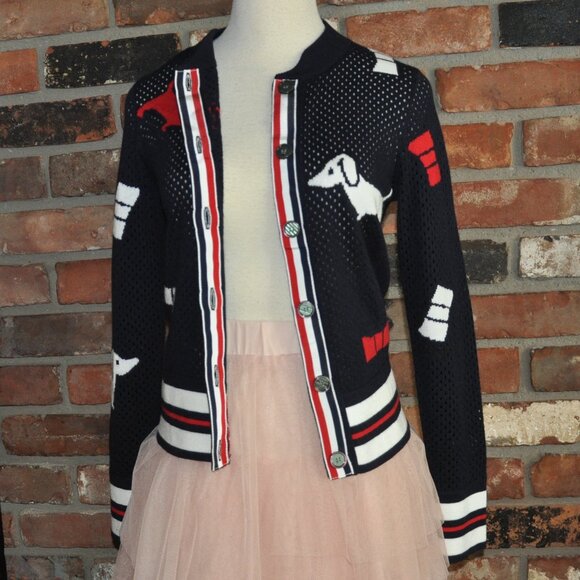 THOM BROWNE Pointelle Hector Bow Navy Wool Cardigan Intarsia-knit Sweater S - Picture 6 of 16